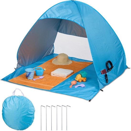 Pop up strandtent UV-bescherming 50 voor 2 personen - blauw - haringen & draagtas - HxBxD: 110 x 140 x 145 cm van POP