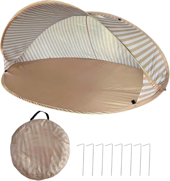 Pop-up Strandtent - UV50+ Bescherming - Beige/Wit Gestreept - Snel Opzetbaar Schaduwtent - Baby Strandtent - Draagbaar - Windvast - Inclusief Haringen & Draagtas