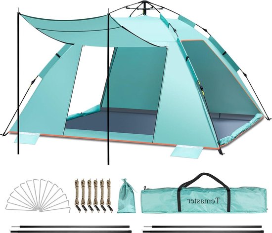 Pop-up strandtent voor 5-6 personen - extra grote draagbare zonneschermtent - automatisch opzetten - UPF 50+ - zonnescherm met veranda - eenvoudige installatie van POP
