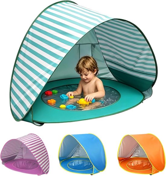 Pop-up strandtent voor baby's met mini-zwembad en UV-bescherming, ideale zonwering voor strand, tuin en reizen in turquoise strepen