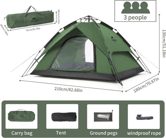 Pop-up Tent 3-4 Personen Automatische Kampeertent Frametenten Dubbeldeks Koepeltent Draagbare Familietent