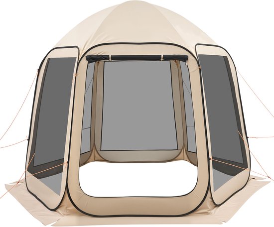 Pop-Up Tent 304,8 X 280,4 cm, Kampeertent voor 4-8 Personen, Partytent met Draagtas, Gaaswanden en Haringen, Geschikt voor Tuin, Terras en Buitenactiviteiten, Beige