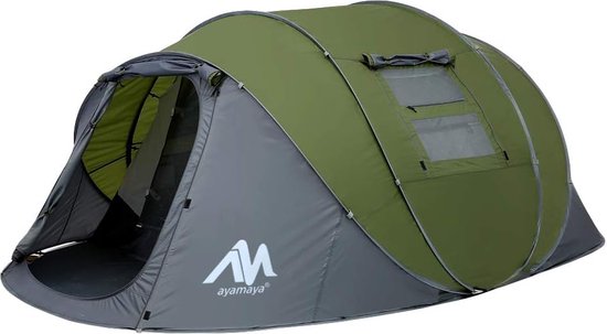 Pop-up Tent - Geschikt Voor 4-6 Personen - Waterdicht - Camping - Familie Tent - Met Luifel en Ingebouwde Bodem - 5 Ramen - 380 x 160 x 130 cm - Kampeertent - Donkergrijs van POP