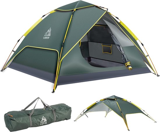 Pop-up tent voor 3-4 personen - automatische opening - zeshoekige hydraulische dubbellaagse tent - grote waterdichte koepeltent met veranda - 100% UV-bescherming van Merkloos