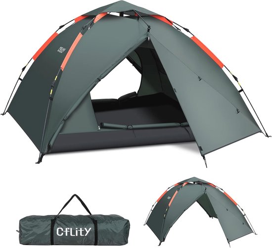 Pop-Up Tent voor 3 Personen - Waterdichte Automatische Dome Tent voor Kamperen met Uitbreidbare Veranda
