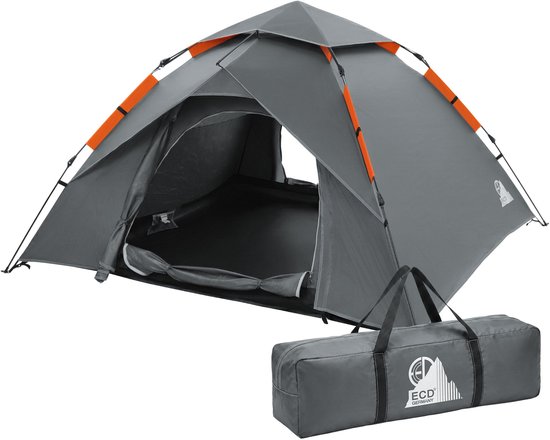 Pop-up tent voor 4 personen, kampeertent outdoor grijs, dubbelwandige koepeltent met 2 deuren, waterdicht & winddicht met draagtas