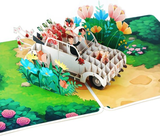 Pop-up trouwkaart met trouwauto en bruidspaar - groen - jubileumgeschenk van Merkloos