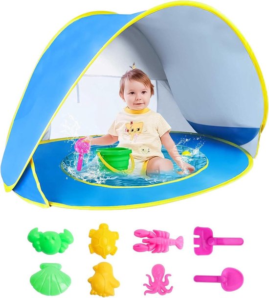 Pop-uptent baby jonger dan 3 jaar - automatische babyzonnescherm - onderdaktent met babyzwembad - babytent UV-zonwering - 50+ bescherming - oceaanstrandspeelgoed - draagtas - 4 veiligheidshaken van POP