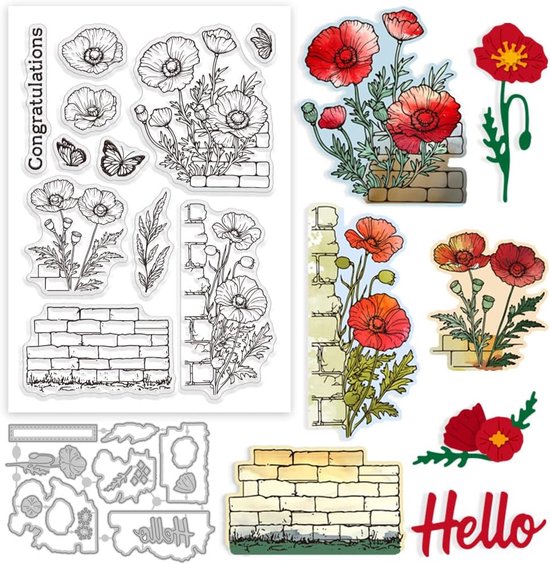 Poppy Clear Stempel en Snijmallen Set voor Kaarten Maken Lente Bloemen Muur Siliconen Clear Stempel Metalen Vlinder Die Cuts voor DIY Scrapbooking Fotoalbum