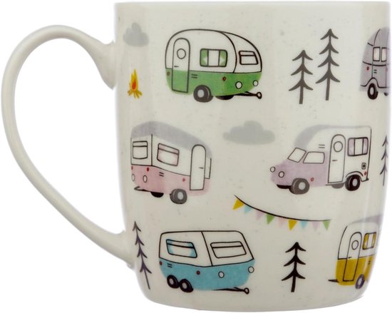 Porseleinen Mok Caravan - Thee Mok Koffiemok - Dranken Serveren - Caravan Thema Ontwerp - 300ml - Wit
