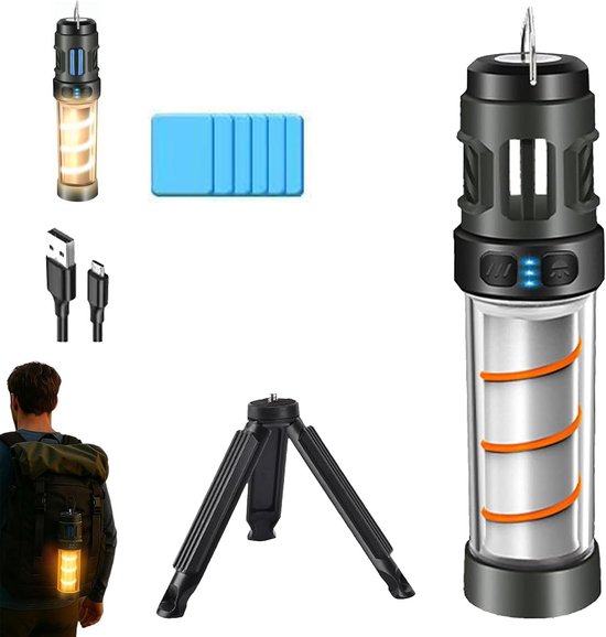 Portable Integrated Camping Light, IPX5 Waterproof Emergency Light with Tripod, Five Adjustable Levels, USB Charing for Indoor, Backyard, Picnic (Black)