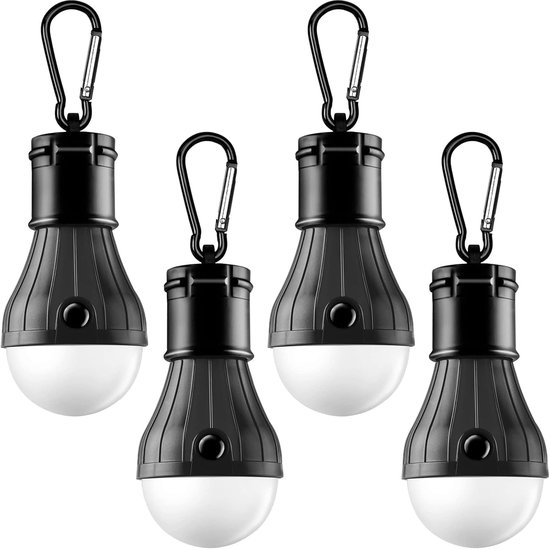 Portable LED Camping Light (with hook/clip, doubles as an emergency light) – Black, 4-Pack – 5 x 5 x 10 cm