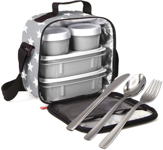 PracticFood - Geïsoleerde thermische koeltas, lunchbox, draagtas, gekoeld, met 4 stevige bakjes en bestek. Sterrengrijs
