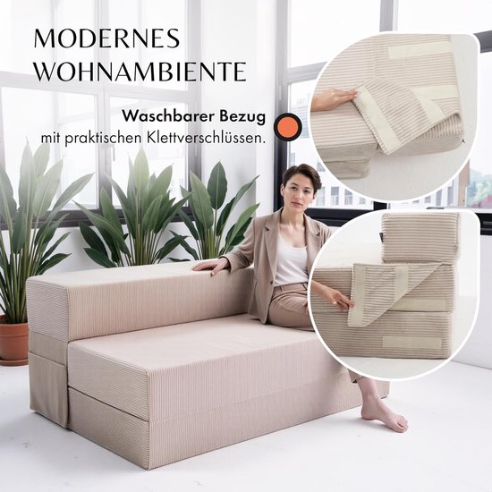 Premium Corduroy Opklapbare Slaapbank & Logeermatras 140x200 cm – 2-Persoons – 19 cm H3 Comfortschuim – Extra Comfort, Ruimtebesparend & Oeko-Tex Getest van Merkloos