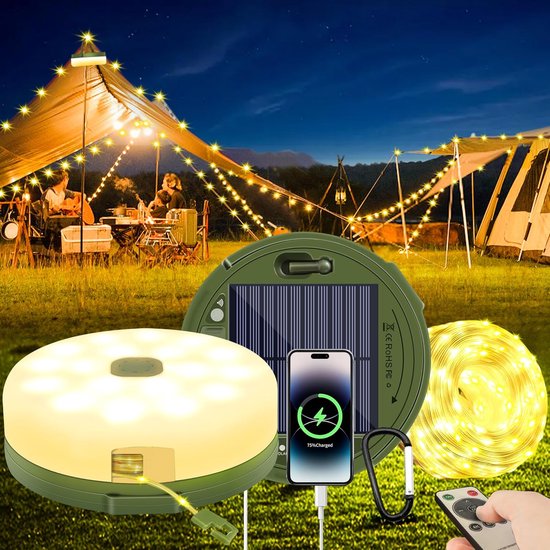 Premium Solar Camping Verlichting - 10m 100 LED Sfeerlichten - Met Afstandsbediening & Type-C - Waterdicht (IP65)