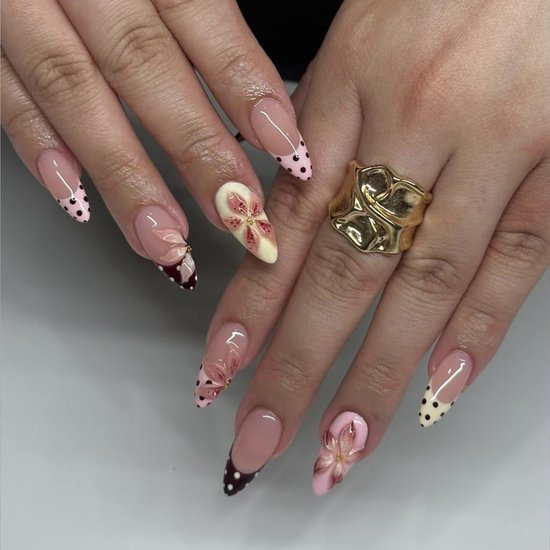 Press On Nails Medium Almond met Dot French Tip en 3D Bloem Design, Nagels om op te plakken als Fake Nails voor Dames
