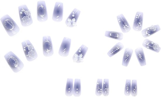 Press on nails set van 24 amandel korte French manicure om op te plakken, 3D blauwe vlinder, kunstnagels, zachte gel, korte nageltips