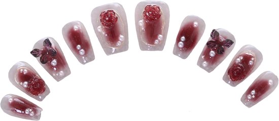 Press-On Nails vingernagels, gelakt, 10 stuks, herbruikbare kunstnagels, roos, vlinder, strassteentjes, glitter, roze, rood van Press