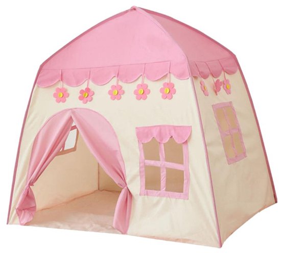 Prinsessenkasteel Speeltent voor Meisjes – Inclusief Kroon & Toverstaf – Roze Kindertent – 130x100x130 cm – Voor Binnengebruik – Met Bloemendecoratie van Merkloos
