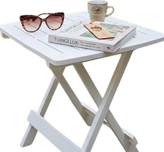 Pro Garden tuin / camping bijzettafeltje - wit - kunststof - opvouwbaar - 43 x 45 x 50 cm van Merkloos