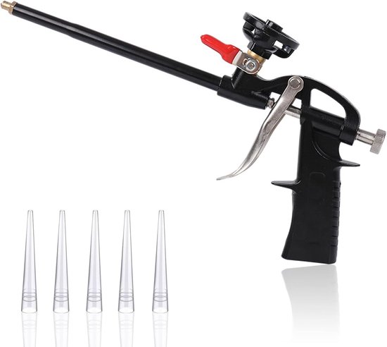 Professionele Schuimspuit voor Constructie, Inclusief 5 Verwisselbare Mondstukken, Aluminium en Teflon Coating, Ergonomisch Handvat, Ideaal voor Sealen en Isoleren