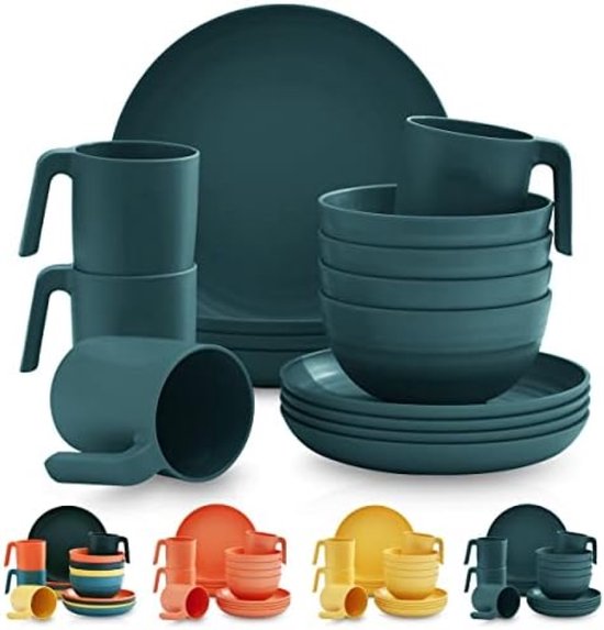 PromoHome 16-delig Plastic Servies Set - Onbreekbaar Camping Bestek - Magnetron Veilig - Vaatwasserbestendig - BPA Vrij - Lichtgewicht Eetgerei voor Buiten en Binnen