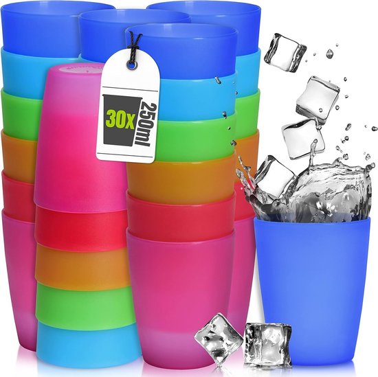PromoHome Herbruikbare Bekers 30 x 250 ml - Kleurrijk - Onbreekbare Drinkbekers - Reusable Camping Cups