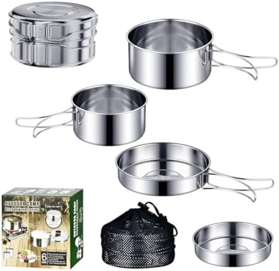 PromoHome Outdoor Camping Kookset 4-delig - 304 Roestvrij Staal Pannenset met Opvouwbare Handgrepen - Draagbare Kookgerei voor Camping, Picknick en Outdoor Avonturen - Geschikt voor 1-2 Personen