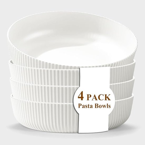 PromoHome Pasta Saladeborden Set van 4 - 1,1L Diepe Borden - Onbreekbaar Kunststof - Vaatwasserbestendig - Wit