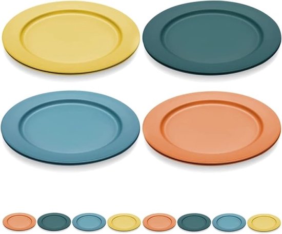 PromoHome Set van 8 Onbreekbare Dinner Platen 25,4 cm - Magnetron & Vaatwasser Bestendig - BPA Vrij Kunststof Servies - 4 Kleuren