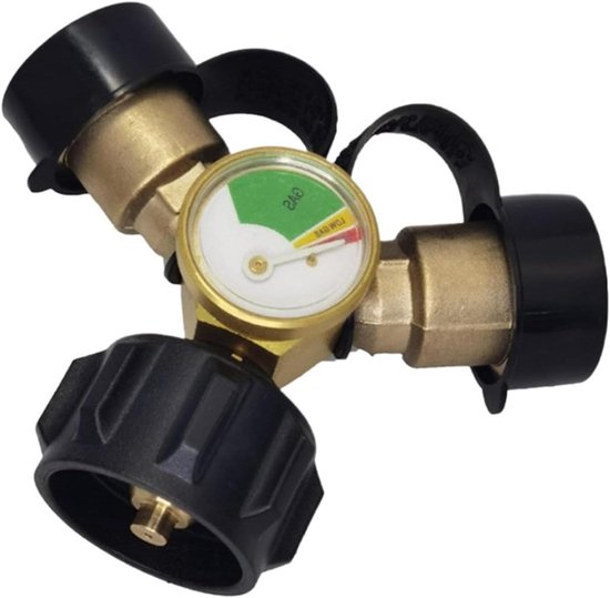 Propaan Y-Splitter,Propaan Y-Splitter Adapter Voor Gasflessen - QCC Vervangingsonderdeel Met Manometer En Afsluitventiel Accessoires Voor BBQ’s, Kachels En Verwarmers