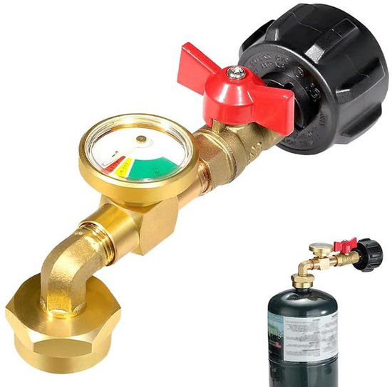 Propaanflesvulbochtadapter met drukmeter, Geschikt voor propaanflessen van 1 pond, QCC1 propaanflesvuladapter met ventiel en drukmeter, elleboogvormige gasvuladapter Geschikt voor buiten (1 stuk).