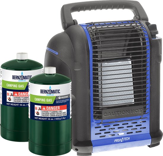 Propatech Gaskachel 2 kW – met 2 Bernzomatic TX916 flessen – ophangbaar & mobiel - draagbaar gasstraler - noodpakket van Propatech