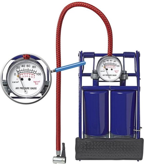 ProPlus Voetpomp met manometer - dubbele cilinder - max. 7 bar - incl. 3 ventieladapters van ProPlus