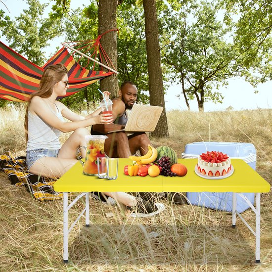Pugsdrly Stevige en draagbare klaptafel van 125 cm met handgreep, in hoogte verstelbare klaptafel, multifunctionele klaptafel voor op de camping, picknicks, feesten, binnen of buiten, draagvermogen 135 kg (geel) van Merkloos