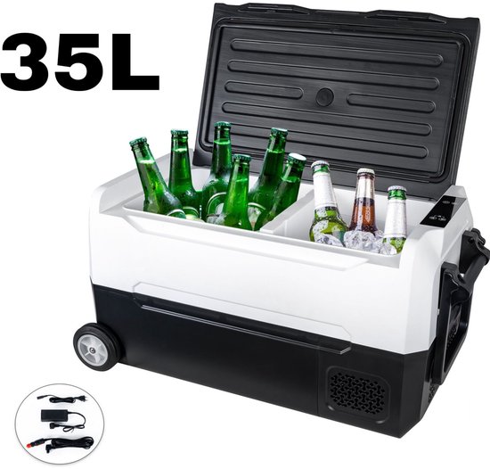 Puluomis Elektrische Koelbox - Compressor - 35L - Twee Zones - 12V 230 Volt - Camping Koelkast - Auto - Vriezen en Koelen - Frigobox - Zwart/wit