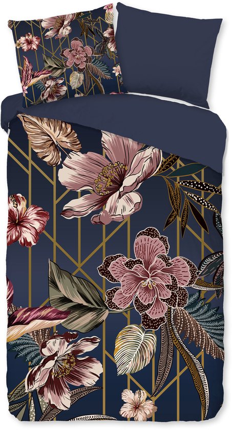 Pure dekbedovertrek bloemen - 1 persoons 140x200/220 cm - Donkerblauw - Microvezel van Merkloos