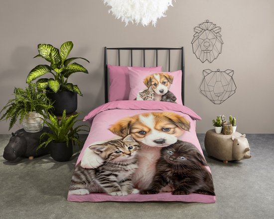Pure dekbedovertrek hond en poes - 1 persoons 140x200/220 cm - Roze - Microvezel