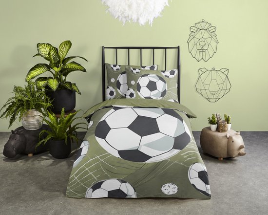 Pure dekbedovertrek voetballen - 1 persoons 140x200/220 cm - Groen - Microvezel