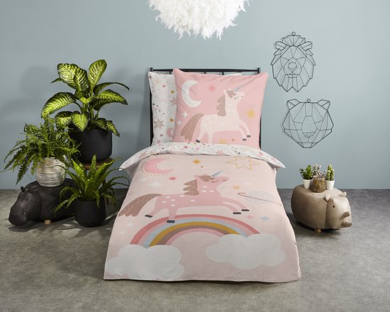 Pure Kinderdekbedovertrek "eenhoorn, regenboog en sterren" - Roze - (140x200/220 cm) - Microfiber van Pure