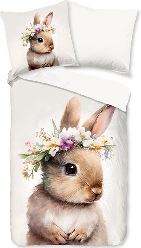 Pure Kinderdekbedovertrek "konijn met bloemen" - Wit - (140x200/220 cm) - Microfiber van Pure