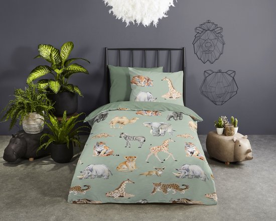 Pure Kinderdekbedovertrek "safari dieren" - Groen - (140x200/220 cm) - Microfiber van Byrklund