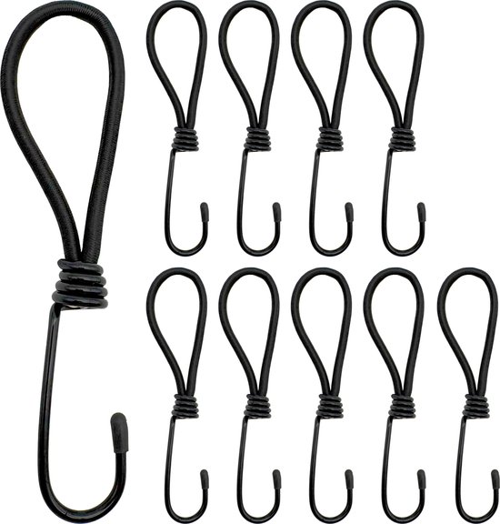 Purepeak Spanelastiek met Haak Set 10 Stuks - Zwart - Tentspanner - 16-25 cm Rekbaar - Spanrubbers - Spinhaak - Elastiek Koord
