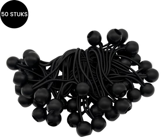 Purepeak XL Spanelastiek met Bal Set 50 Stuks - Zwart - Tentspanner - Spanrubbers - Elastiek Koord - 40-50 cm Rekbaarheid