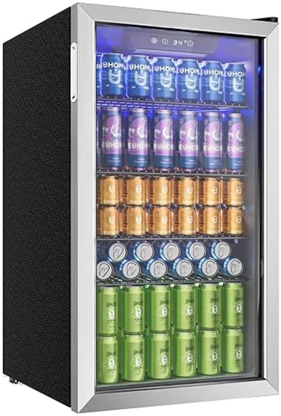 QUESTYR - Drankenkoelkast met glazen deur voor 126 blikjes - verstelbare planken voor bier/wijn, huis/bar/kantoor - zilver roestvrij staal