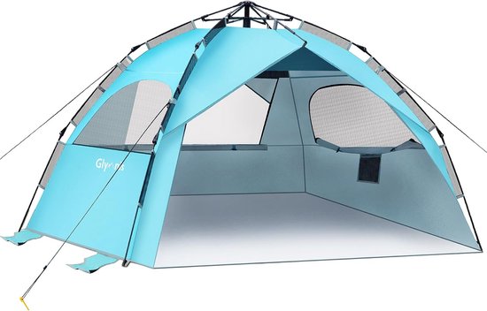 Quick Up Strandtent Automatische strandtent UV-bescherming 50+ Windbescherming Kleine verpakking Blauwe strandtent voor 4 tot 6 personen van Qeedo