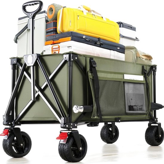QUOVO® Strandkar - Bolderkar Opvouwbaar – Bolderwagen Voor Alle Terreinen – Boodschappenwagen Met Brede Banden En Handige Opbergruimtes - Tuinkar Met Verstelbare Handgreep – Winkeltrolley 150 kg Opbergruimte - Groen - 90cm x 58cm x 51cm