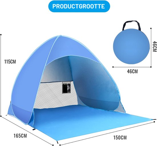 Quvo® Strandtent Baby - Strandtent uv Bescherming – Strandtentje Extra Licht – Strandschelp Met Zwembad – Strand Tent – Zonbescherming – Pop Up Tent - Blauw - 165cm x 150cm x 115cm van Merkloos