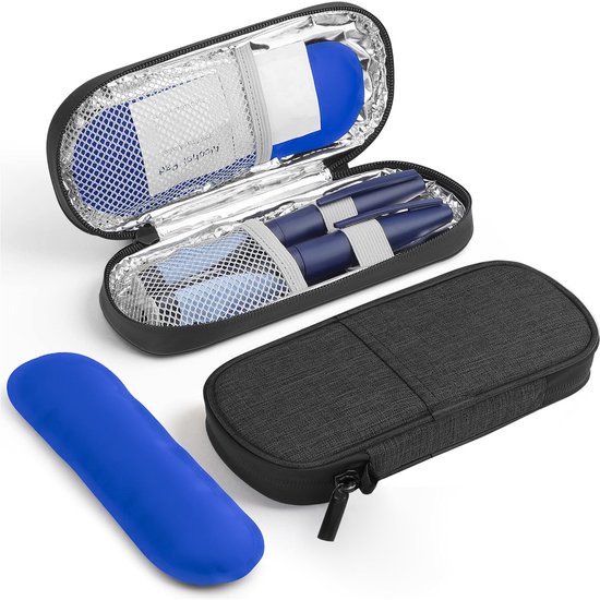 Rainbecom - Insuline Koeltas - Diabetes Koeltas – 19.5x8.5x3cm - Diabetische Reistas - Insuline Etui - Insulinepennen - Medische Koeltas voor Insulinespuit - Travel Case met 2 Ice Pack voor Insuline Pen - Draagbare - Zwart van Rainbecom