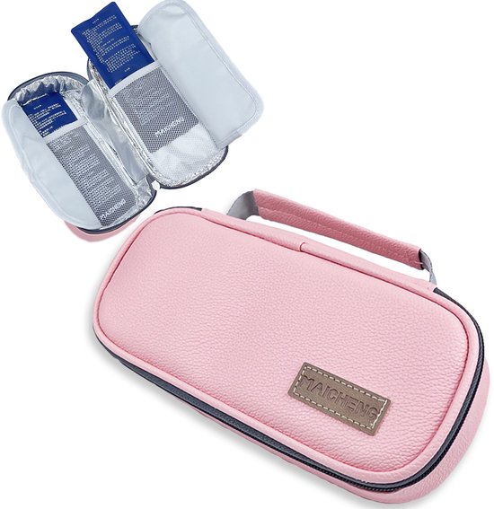 Rainbecom - Insuline Koeltas PU – Diabetes Koeltas - 21x6x10cm – Diabetes Etui met 2 Koelelementen – Medische Reiskoeltas voor Insulinepennen – Compact & Herbruikbaar - Travel Case met 2 Ice Packs voor Insuline Pen - Roze van Rainbecom